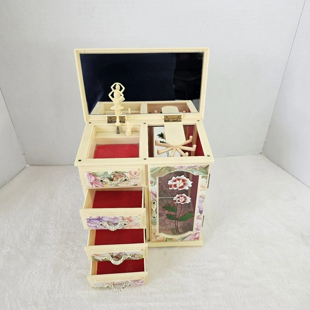 Ballerina Musical Jewelry Box Mele & Co Plastic Drawers Vintage 8x8.5x5